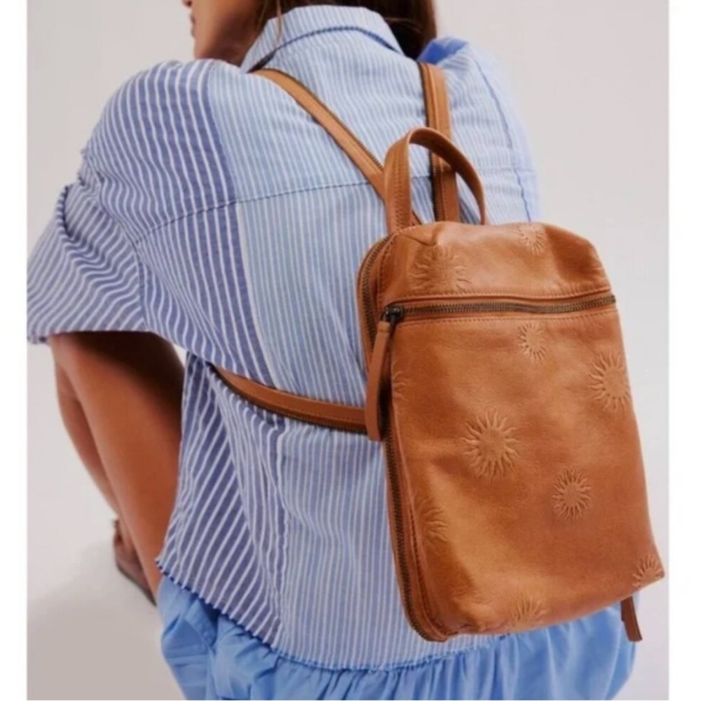 NWT Free People Break of Dawn Backpack 100% Leather in Cognac Tan Tooled Sun